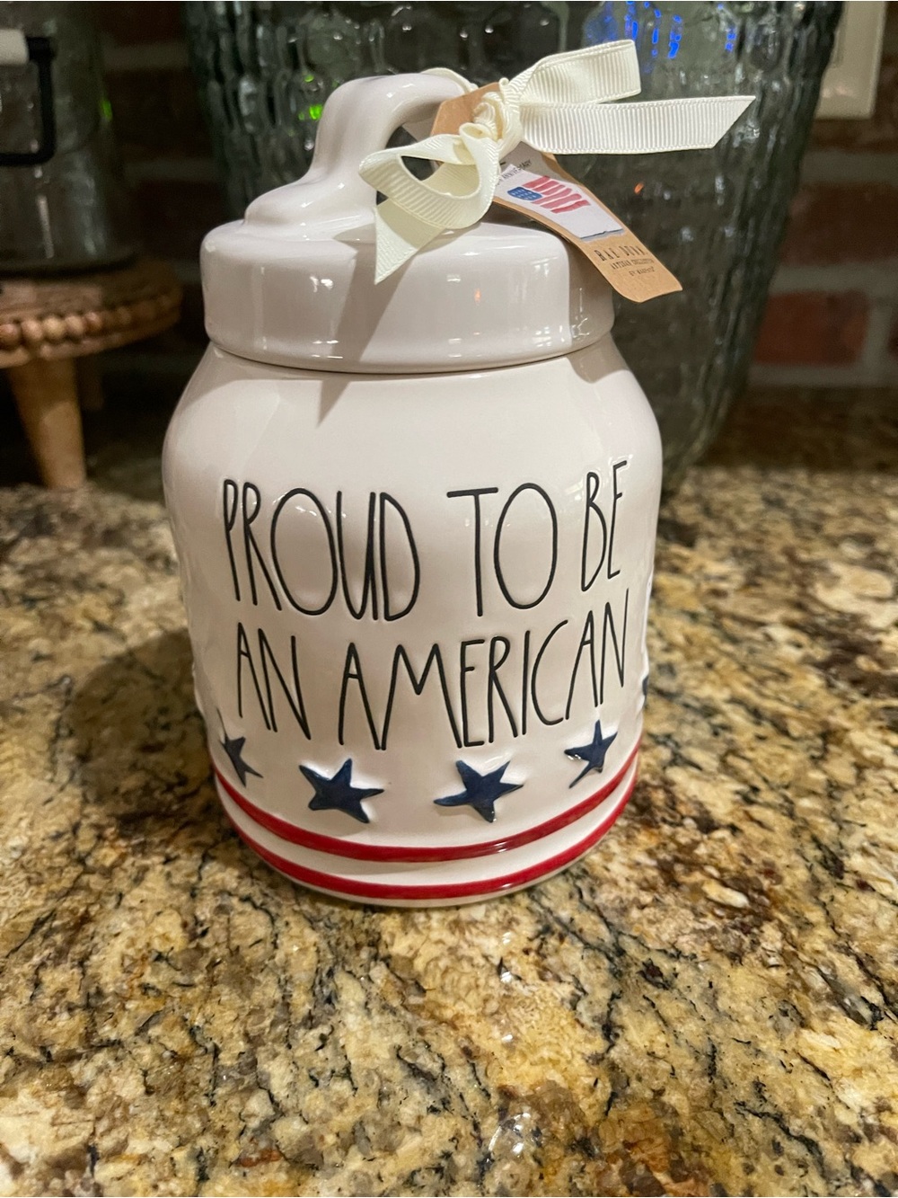 Rae Dunn PROUD TO BE AN AMERICAN 3d star and red stripes canister - Brand new!